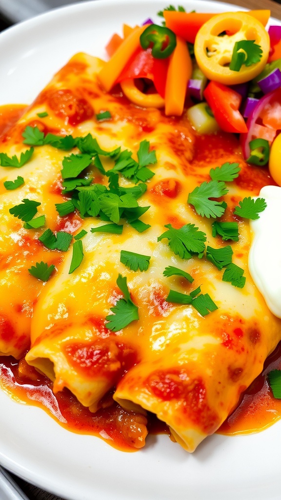 Delicious pork enchiladas topped with cheese and cilantro, served with sour cream and salad.